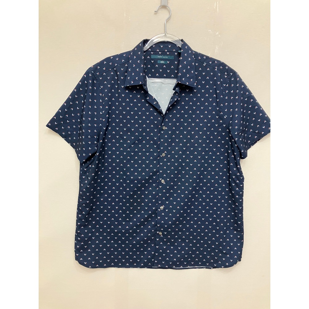 Perry Ellis Button Up Shirt XL Navy Blue Slim Fit Stretch Geometric Short Sleeve